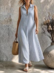 Ceyna 2026 Summer Plus Size Women's Baby Blue Vertical Striped Collared Sleeveless Shirt Dress Half-Button Front Loose Straight Mid-Length Casual - Blue - View 1