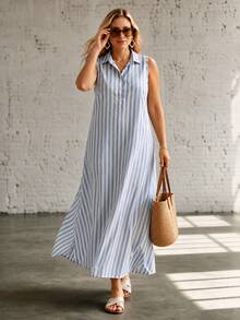 Ceyna 2026 Summer Plus Size Women's Baby Blue Vertical Striped Collared Sleeveless Shirt Dress Half-Button Front Loose Straight Mid-Length Casual - Blue - View 3
