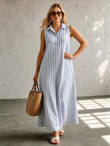 Ceyna 2026 Summer Plus Size Women's Baby Blue Vertical Striped Collared Sleeveless Shirt Dress Half-Button Front Loose Straight Mid-Length Casual - Blue - View 5
