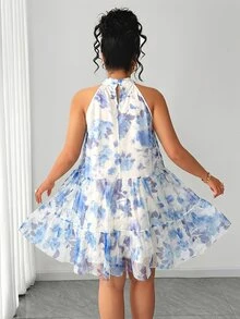 Elenzga Plus Size Women's Woven Sleeveless Elegant Delicate Tulle Double Layer Short Dress - Blue - View 3