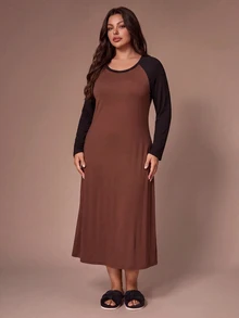 Lazeform Colorblock Long Sleeve Casual Dress For Women, Autumn/Winter, Minimalist Premium Style, Round Neck, Plus Size Nightgown - Multicolor - View 4