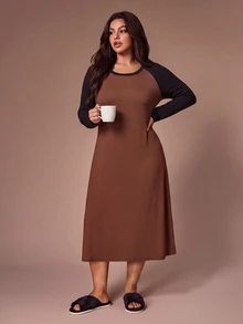 Lazeform Colorblock Long Sleeve Casual Dress For Women, Autumn/Winter, Minimalist Premium Style, Round Neck, Plus Size Nightgown - Multicolor - View 1