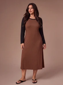 Lazeform Colorblock Long Sleeve Casual Dress For Women, Autumn/Winter, Minimalist Premium Style, Round Neck, Plus Size Nightgown - Multicolor - View 3