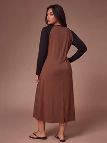 Lazeform Colorblock Long Sleeve Casual Dress For Women, Autumn/Winter, Minimalist Premium Style, Round Neck, Plus Size Nightgown - Multicolor - View 2