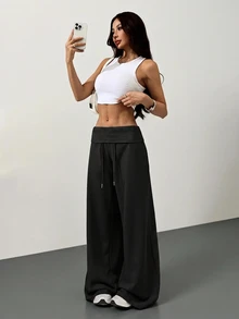 SHEIN Tall CURVE Plus Size Solid Drawstring High Waist Wide Leg Pants Homewear Vacation Gym Black Autumn Casual Soft - Black - View 5