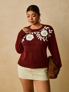 Travachic Plus Size Women's Floral Embroidered Pattern Casual Versatile Autumn/Winter Long Sleeve Sweater - Burgundy - View 6