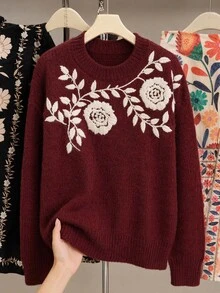 Travachic Plus Size Women's Floral Embroidered Pattern Casual Versatile Autumn/Winter Long Sleeve Sweater - Burgundy - View 9