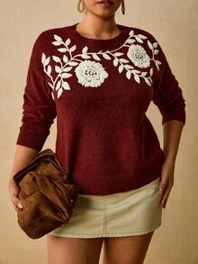 Travachic Plus Size Women's Floral Embroidered Pattern Casual Versatile Autumn/Winter Long Sleeve Sweater - Burgundy - View 1