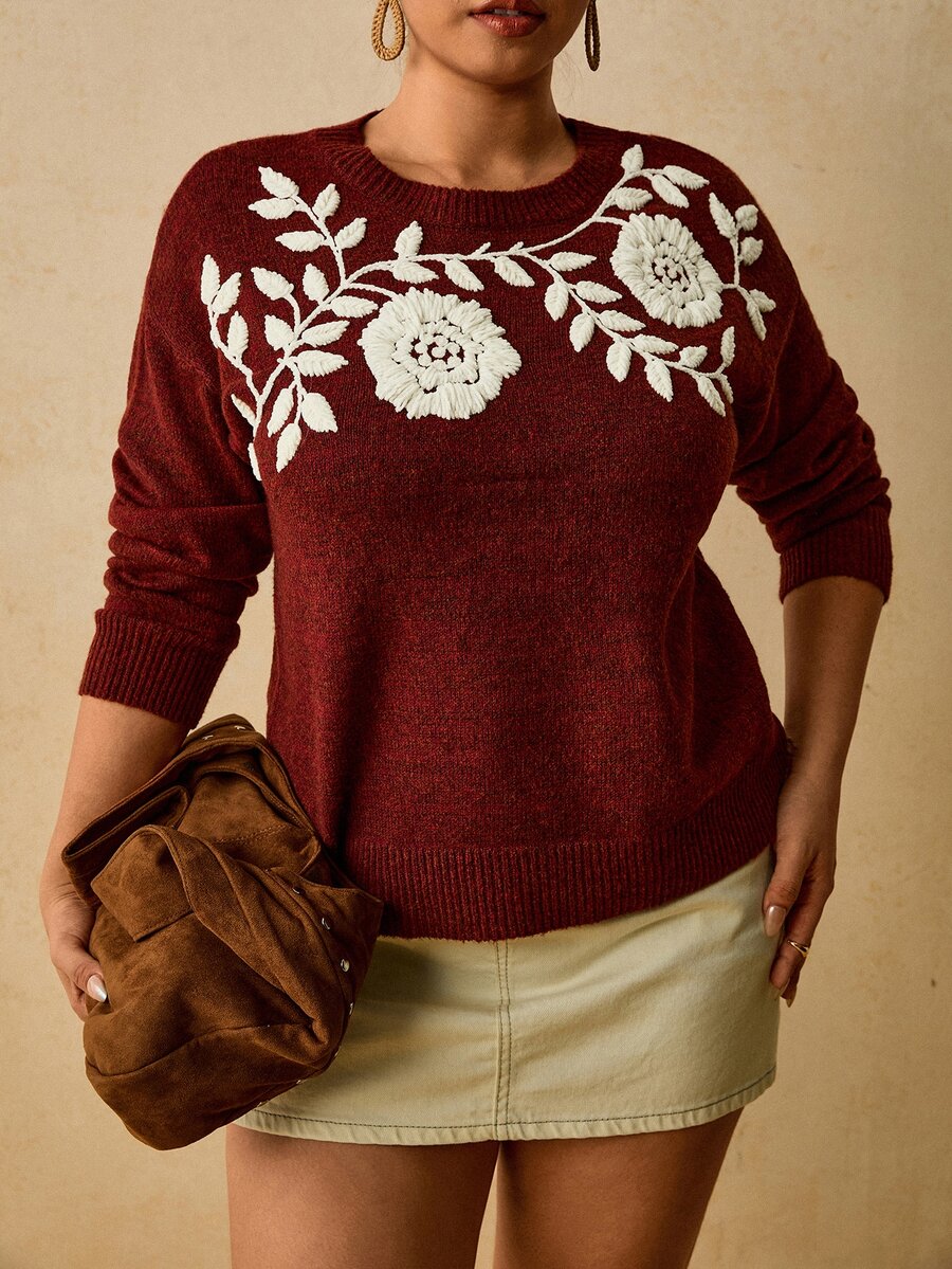 Travachic Plus Size Women's Floral Embroidered Pattern Casual Versatile Autumn/Winter Long Sleeve Sweater - Burgundy - View 1