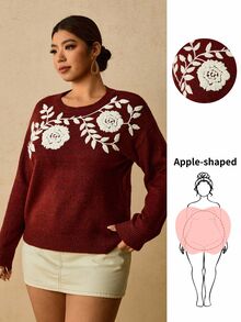 Travachic Plus Size Women's Floral Embroidered Pattern Casual Versatile Autumn/Winter Long Sleeve Sweater - Burgundy - View 10
