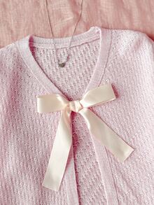 SHEIN 少女粉色甜美兒童開襟衫，前綁帶設計，休閒日常通勤上衣，優雅趣味度假開襟衫，秋冬款 - 粉色 - 查看 4