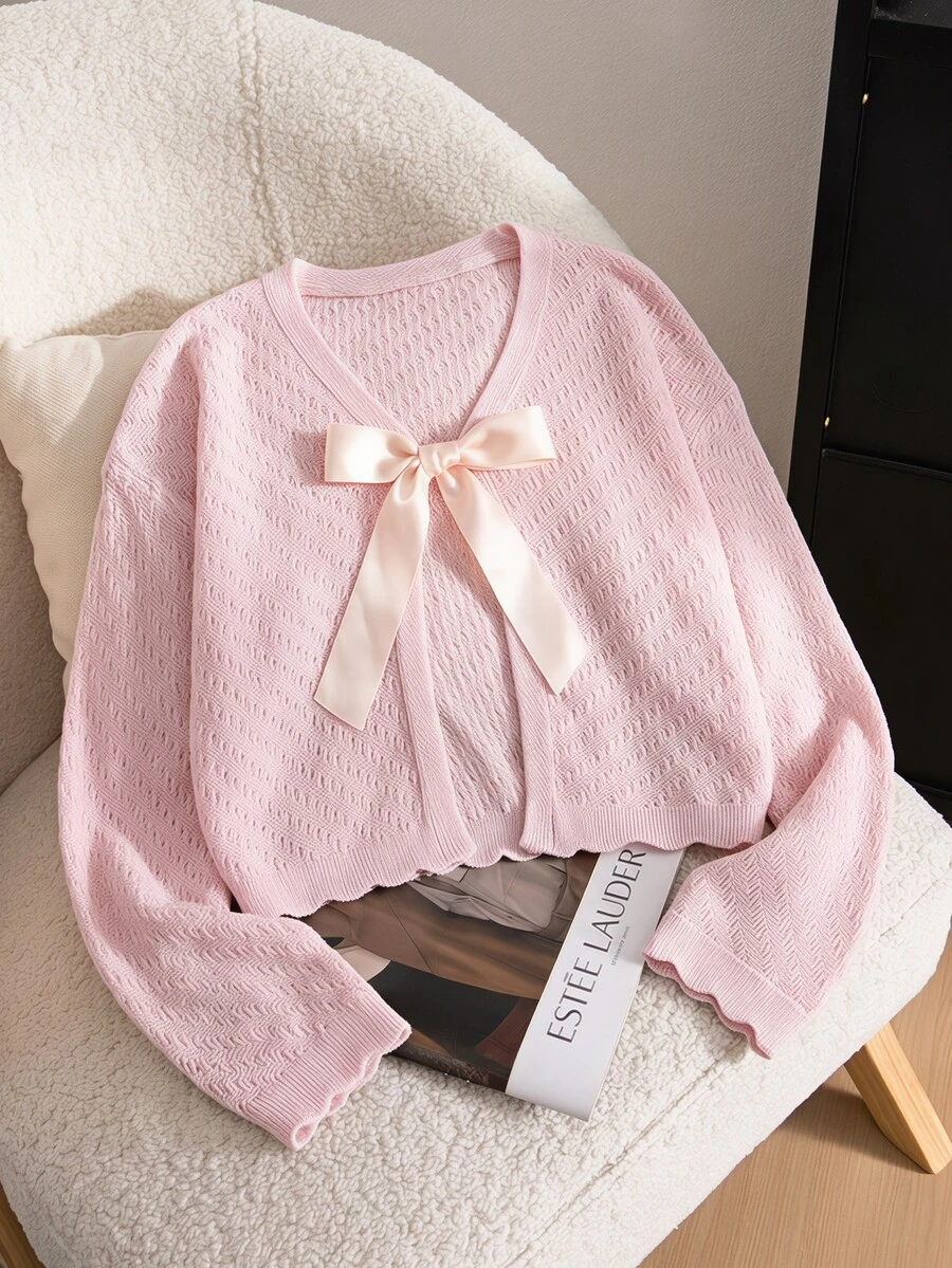 SHEIN Tween Girl Pink Sweet Kids Cardigan With Tie Front, Casual Daily Commute Top, Elegant Fun Vacation Cardigan, Fall/Winter - Pink - View 1