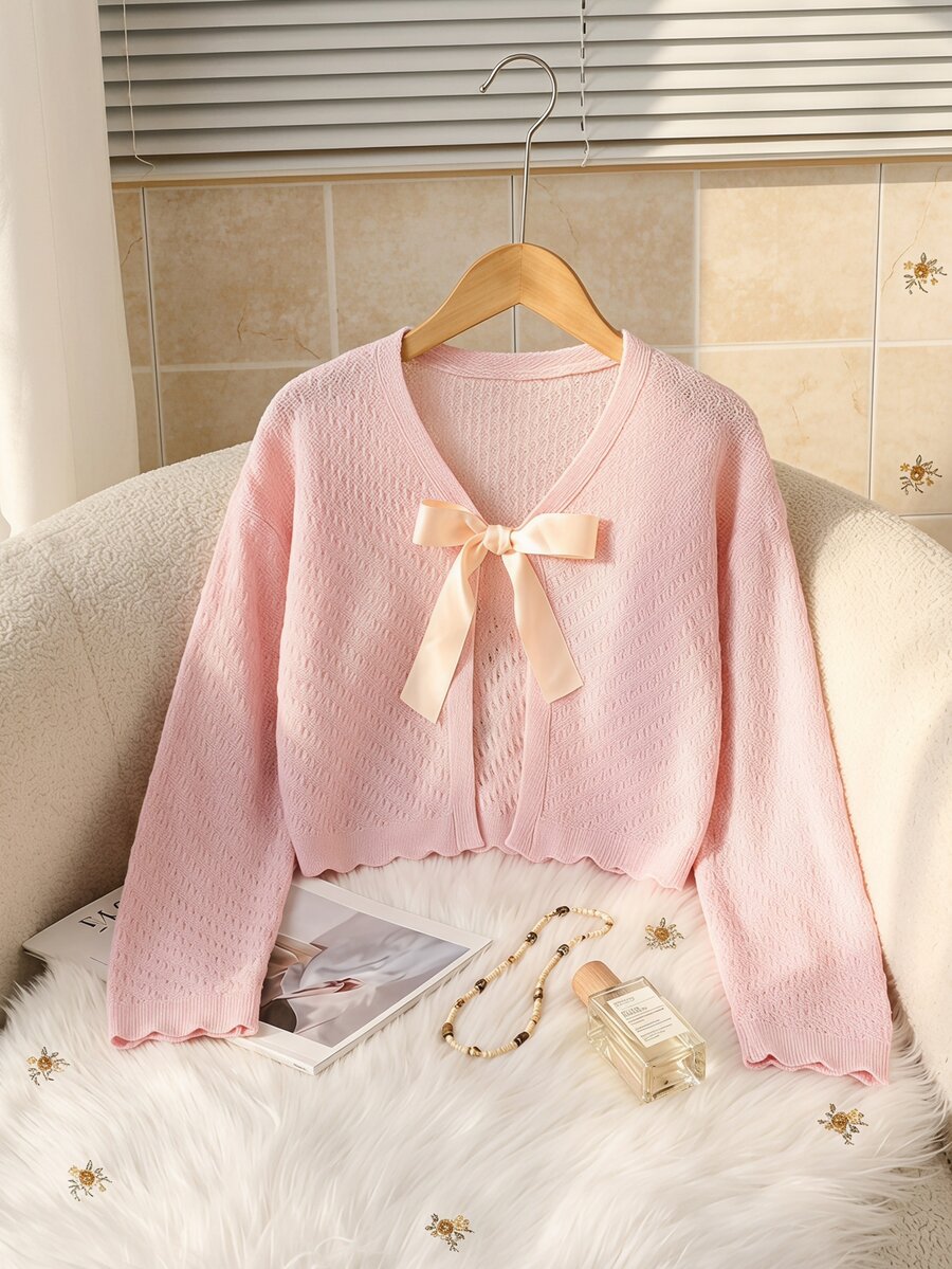 SHEIN 少女粉色甜美兒童開襟衫,前綁帶設計,休閒日常通勤上衣,優雅趣味度假開襟衫,秋冬款 - 粉色 - 查看 1