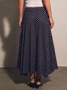 COSMINA 女款優雅休閒復古通勤度假風藍色波點印花不對稱下擺裙 秋季 - 彩色 - 查看 2