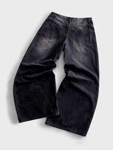 ROMWE MEN Men's Floral Embroidered Pattern Curved Loose Fit Jeans - Black - View 4