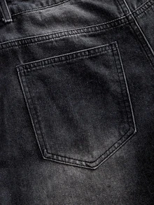 ROMWE MEN Men's Floral Embroidered Pattern Curved Loose Fit Jeans - Black - View 6