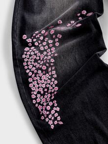 ROMWE MEN Men's Floral Embroidered Pattern Curved Loose Fit Jeans - Black - View 5