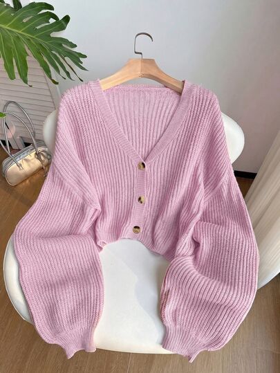 SHEIN EZwear 大尺碼女款秋冬休閒度假通勤簡約純色V領落肩寬鬆短版開襟衫