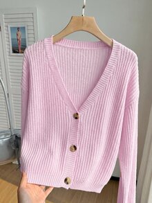 SHEIN EZwear 大尺碼女款秋冬休閒度假通勤簡約純色V領落肩寬鬆短版開襟衫 - 淺粉色 - 查看 7