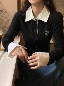 DAZY Women's Letter & Number Print Fitted Versatile Daily Long Sleeve T-Shirt Fall - Black and White - View 4