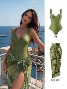 SHEIN Swim 春假新款女士夏季度假纯色纹理U领露背镂空高级印花网纱沙滩裙泳装套装，节日波西米亚绿鼠尾草绿 - 綠色 - 查看 1