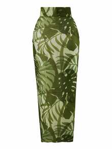 SHEIN Swim 春假新款女士夏季度假纯色纹理U领露背镂空高级印花网纱沙滩裙泳装套装，节日波西米亚绿鼠尾草绿 - 綠色 - 查看 9