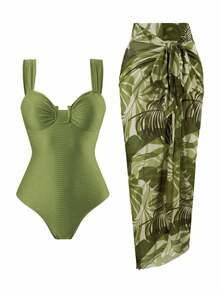 SHEIN Swim 春假新款女士夏季度假纯色纹理U领露背镂空高级印花网纱沙滩裙泳装套装，节日波西米亚绿鼠尾草绿 - 綠色 - 查看 4