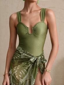 SHEIN Swim 春假新款女士夏季度假纯色纹理U领露背镂空高级印花网纱沙滩裙泳装套装，节日波西米亚绿鼠尾草绿 - 綠色 - 查看 3