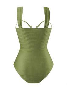 SHEIN Swim 春假新款女士夏季度假纯色纹理U领露背镂空高级印花网纱沙滩裙泳装套装，节日波西米亚绿鼠尾草绿 - 綠色 - 查看 8