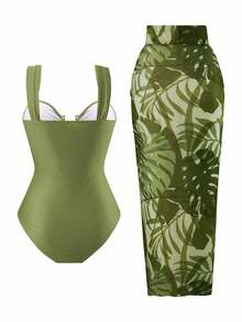 SHEIN Swim 春假新款女士夏季度假纯色纹理U领露背镂空高级印花网纱沙滩裙泳装套装，节日波西米亚绿鼠尾草绿 - 綠色 - 查看 5