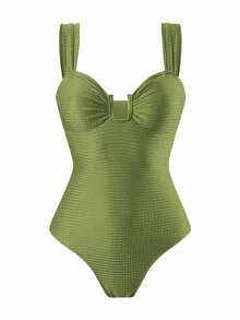 SHEIN Swim 春假新款女士夏季度假纯色纹理U领露背镂空高级印花网纱沙滩裙泳装套装，节日波西米亚绿鼠尾草绿 - 綠色 - 查看 6