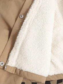 SHEIN 青少年女孩純色兒童連帽保暖內裡休閒日常長袖冬季外套 - 卡其色 - 查看 8