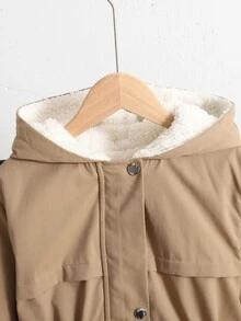 SHEIN 青少年女孩純色兒童連帽保暖內裡休閒日常長袖冬季外套 - 卡其色 - 查看 5