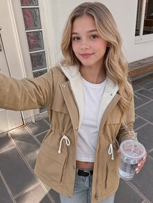 SHEIN 青少年女孩純色兒童連帽保暖內裡休閒日常長袖冬季外套 - 卡其色 - 查看 2