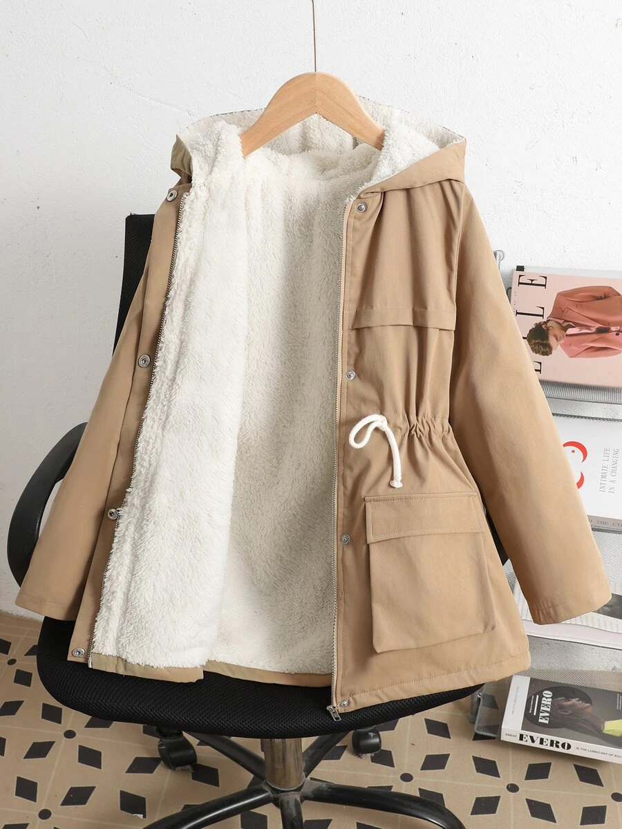 SHEIN 青少年女孩純色兒童連帽保暖內裡休閒日常長袖冬季外套 - 卡其色 - 查看 1