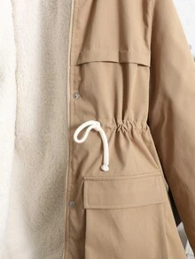 SHEIN 青少年女孩純色兒童連帽保暖內裡休閒日常長袖冬季外套 - 卡其色 - 查看 6