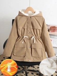 SHEIN 青少年女孩純色兒童連帽保暖內裡休閒日常長袖冬季外套 - 卡其色 - 查看 3