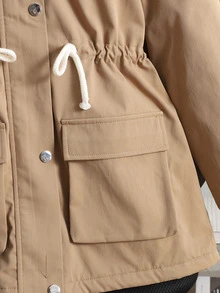 SHEIN 青少年女孩純色兒童連帽保暖內裡休閒日常長袖冬季外套 - 卡其色 - 查看 7