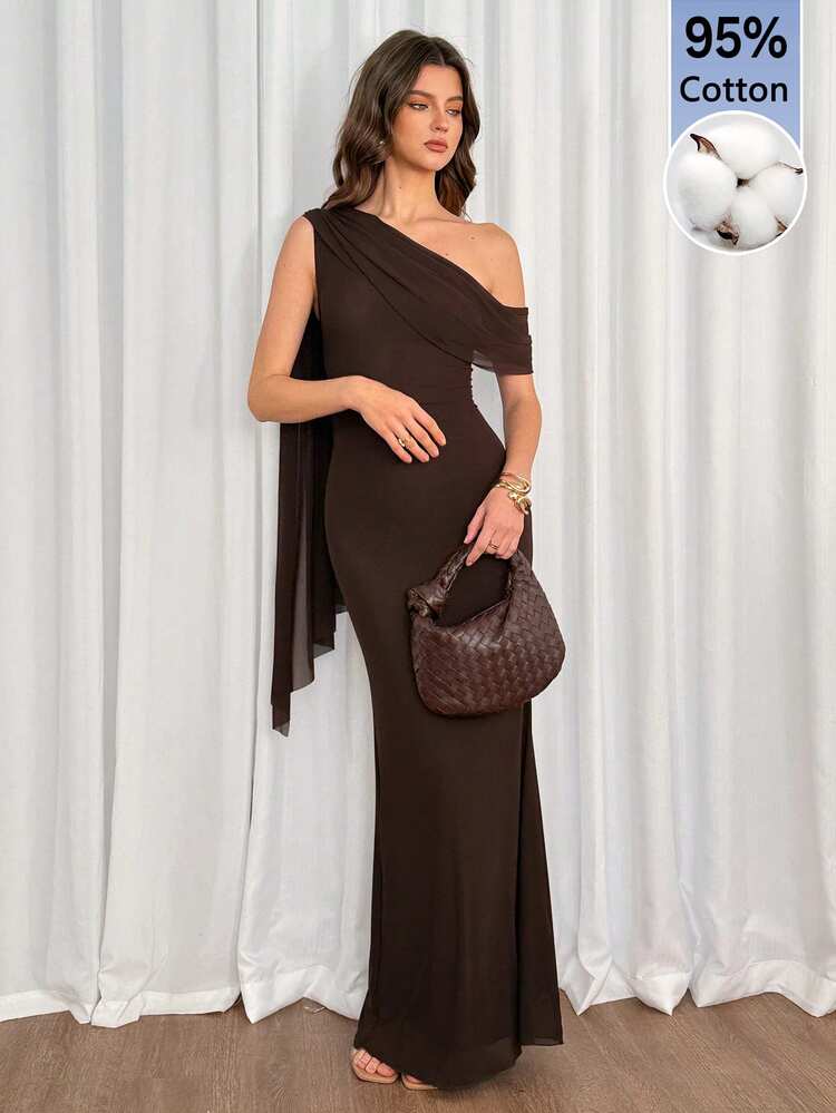 SHEIN Tall Women's Casual Elegant Commuter-Style Fashionable Dark Brown Open Shoulder Maxi Dress Wedding Dinner Summer - Brown - View 8