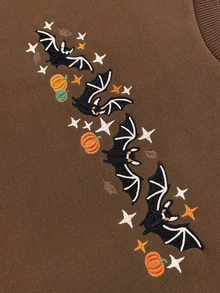 INAWLY 棕色萬聖節蝙蝠刺繡衛衣，秋冬南瓜圖案寬鬆版型百搭圓領長袖上衣 - 巧克力棕 - 查看 4