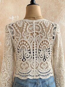 Travachic 大尺碼女款前綁帶喇叭袖鏤空針織開襟衫，米色波希米亞優雅傳統度假海灘秋季款 - 彩色 - 查看 4