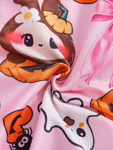 Tween Girls Pink Rabbit Pumpkin Halloween Theme Print Button-Front Short Sleeve Long Pants 2 Pieces Pajama Set Cute Loungewear Night Summer - Pink - View 9