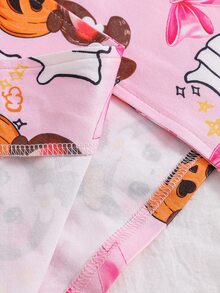 Tween Girls Pink Rabbit Pumpkin Halloween Theme Print Button-Front Short Sleeve Long Pants 2 Pieces Pajama Set Cute Loungewear Night Summer - Pink - View 10