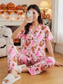 Tween Girls Pink Rabbit Pumpkin Halloween Theme Print Button-Front Short Sleeve Long Pants 2 Pieces Pajama Set Cute Loungewear Night Summer - Pink - View 1