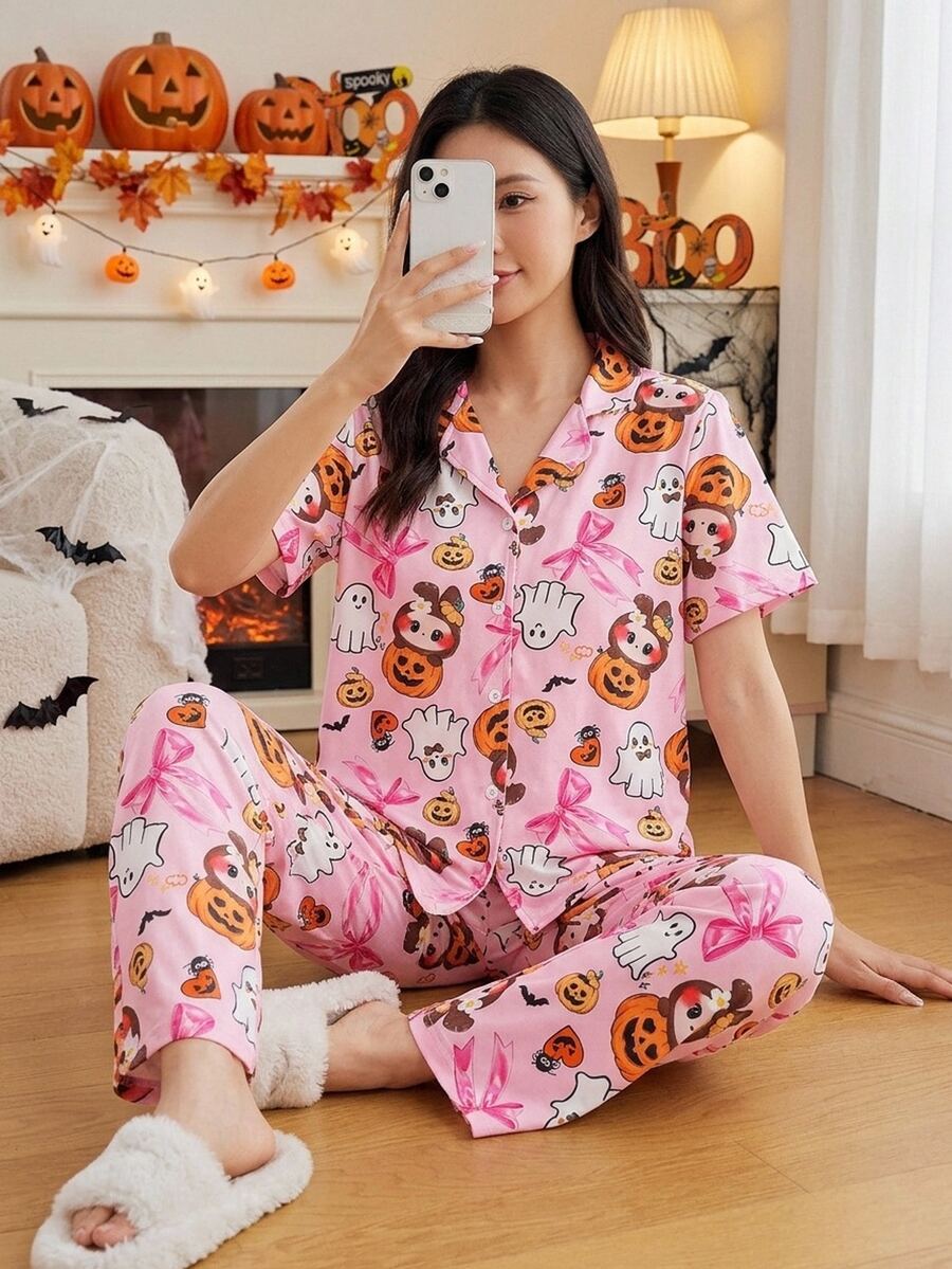 Tween Girls Pink Rabbit Pumpkin Halloween Theme Print Button-Front Short Sleeve Long Pants 2 Pieces Pajama Set Cute Loungewear Night Summer - Pink - View 1