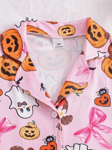 Tween Girls Pink Rabbit Pumpkin Halloween Theme Print Button-Front Short Sleeve Long Pants 2 Pieces Pajama Set Cute Loungewear Night Summer - Pink - View 5