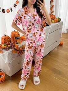 Tween Girls Pink Rabbit Pumpkin Halloween Theme Print Button-Front Short Sleeve Long Pants 2 Pieces Pajama Set Cute Loungewear Night Summer - Pink - View 3
