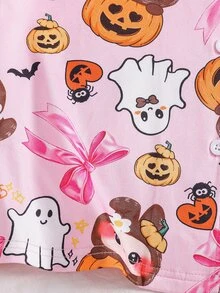 Tween Girls Pink Rabbit Pumpkin Halloween Theme Print Button-Front Short Sleeve Long Pants 2 Pieces Pajama Set Cute Loungewear Night Summer - Pink - View 8