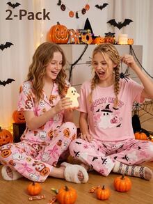 Tween Girls Pink Rabbit Pumpkin Halloween Theme Print Button-Front Short Sleeve Long Pants 2 Pieces Pajama Set Cute Loungewear Night Summer - Pink - View 7