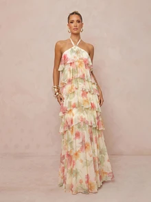Lumalex Summer Floral Print Strapless Spaghetti Strap Multi-Layer Asymmetric Exaggerated Ruffle Hem Beach Vacation-To-Gala Versatility: Quiet Luxury Cream - Multicolor - View 4
